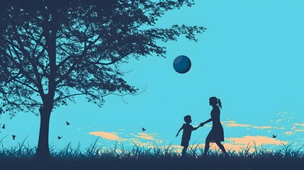 Wall Mural - Mother and little son playing ball on grass in summer park. 