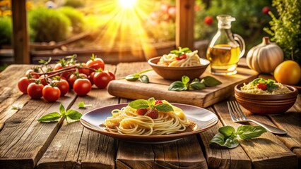 Wall Mural - Warm afternoon sunbeams illuminate a rustic wooden table adorned with a steaming serving of spaghetti, evoking cozy Italian countryside ambiance.