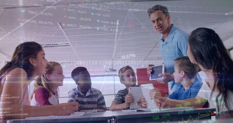 Poster - Image of digital interface and data processing moving over male teacher talking to secondary school 