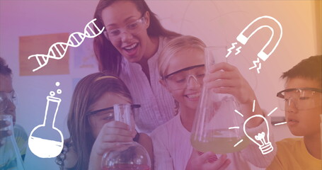 Poster - Image of chemistry items over diverse pupils doing experiment