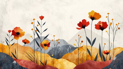 Aufkleber - geometric floral illustration, sleek design of autumn blooms in a modern geometric arrangement, combining simplicity and sophistication to be a versatile artistic feature