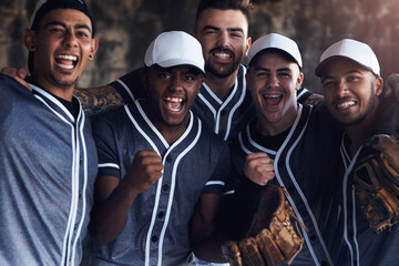 Wall Mural - Baseball, team and dugout for cheer with diversity, happy and support in shade from summer heat. Field, sports or celebration for competition with male people, portrait and together for softball club