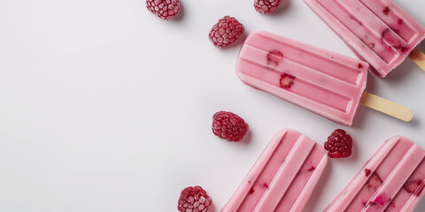Poster - Several pink raspberry ice cream bars lying on a white background