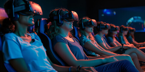 Poster - Group of students using virtual reality headsets sitting in class