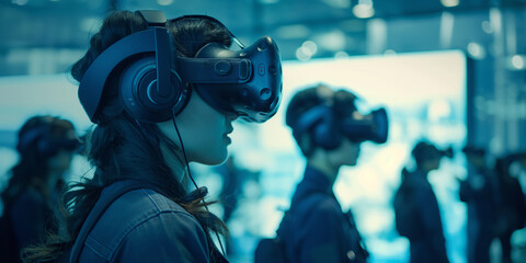 Aufkleber - Woman wearing virtual reality headset experiencing metaverse entertainment
