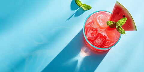 Poster - Refreshing watermelon cocktail with ice and mint on a blue background