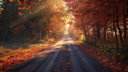 Wall Mural - Picturesque autumn morning  school road winding through vibrant fall foliage on a beautiful fall day