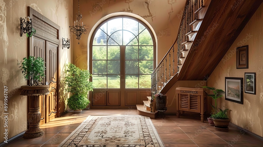 Rustic Function Hall Window Façade Staircase and arched window in farmhouse hallway. Rustic style interior ...