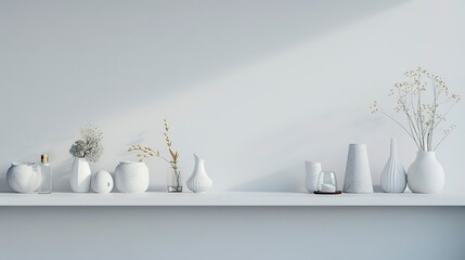 Wall Mural - Minimal interior design with white table and various decorative elements on a shelf 