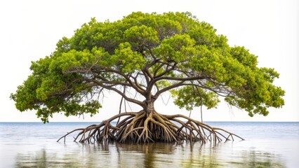 Isolated mangrove tree with twisted branches and tangled roots stands alone against a clean and pristine white background.