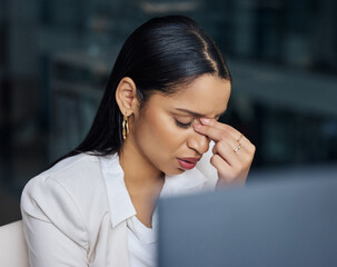 Aufkleber - Burnout, woman and laptop for stock market crash, business and trader working in office. Headache, technology and corporate person at desk for internet, budget and glitch or stress for future finance