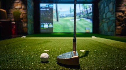 The image presents an indoor virtual golf setup, featuring a close-up of a putter and golf ball on a green surface, with a detailed, simulated golf environment in the background.