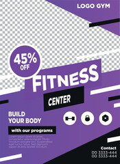 Up to 45 percent off monthly fees, health and exercise theme, purple.