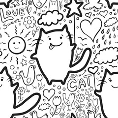 Sticker - hand drawn illustration of an cat with a heart seamless abstract pattern background fabric fashion design print wrapping paper 