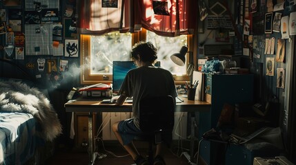 Poster - A high school student sitting at a desk in their bedroom 