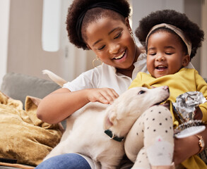 Wall Mural - African mother, kid and pet dog for love, care and bonding together in home. Black family, happy child and mom with animal in living room on sofa for relax, playing and laughing with funny toddler