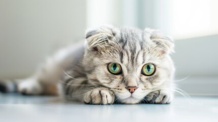 Poster - Adorable Scottish fold cat with green eyes on white background Cute kitten in home setting Advertisement for pet shop