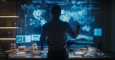 Poster - a man in a futuristic technology room working with data analysis through augmented reality hologram 