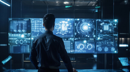 Poster - a man in a futuristic technology room working with data analysis through augmented reality hologram 