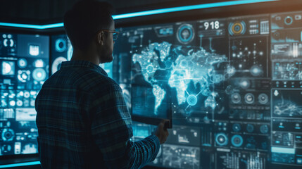 Poster - a man in a futuristic technology room working with data analysis through augmented reality hologram 