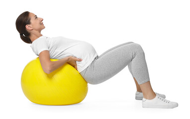 Canvas Print - Beautiful pregnant woman doing exercises on fitball against white background