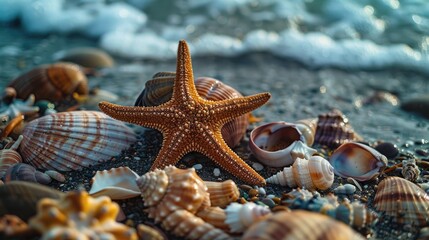 Wall Mural - Vacation memories of starfish and shells on the beach