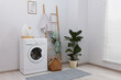 © New Africa - Washing machine, detergents, houseplant and ladder in laundry room