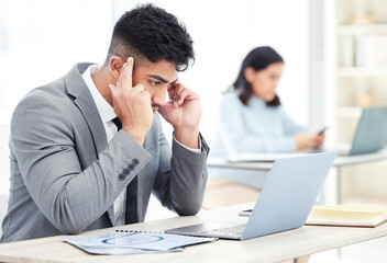 Wall Mural - Laptop, businessman and headache for stress in office, burnout and fatigue for corporate employee. Workplace, brain fog and consultant with pain of migraine, deadline and lack of time management