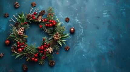 Wall Mural - Elegant Christmas wreath with synthetic and natural elements on blue background Photo with blank space