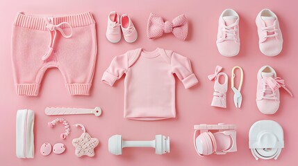 Wall Mural - Baby clothes and accessories for girl on pink background