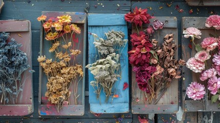 Poster - Dried flowers on painted wooden boards