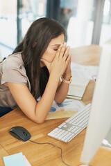 Wall Mural - Burnout, computer and stress with business woman at desk in office for anxiety, compliance or glitch. Depression, fatigue or mistake with corporate employee in workplace for administration deadline