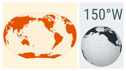 Poster - World Map Animation. Ginzburg V projection. Solid color style. Animated world map in Ginzburg 5 projection. Loopable animation showing longitude shift and matching globe.