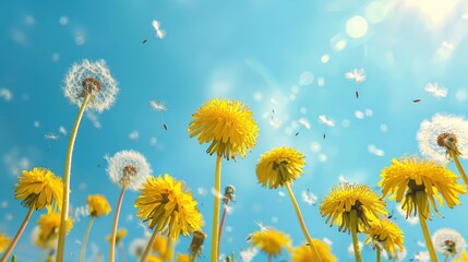 Sticker - Spring greeting card with yellow dandelions on blue sky background