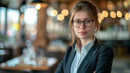 Wall Mural - Portrait of an businesswoman in suit and glasses, blurred restaurant background