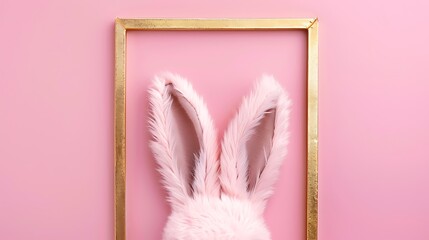 Wall Mural - Bunny rabbit ears and golden frame on pastel pink background