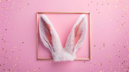 Wall Mural - Bunny rabbit ears and golden frame on pastel pink background