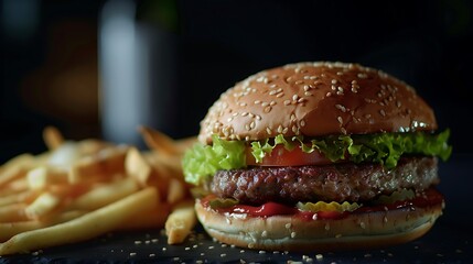 Wall Mural - burger with french fries on dark table