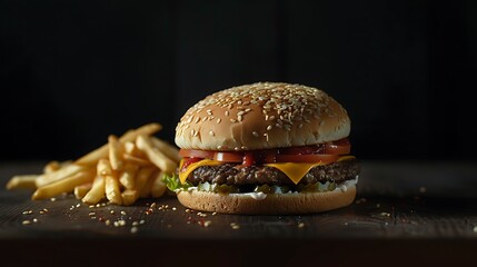 Wall Mural - burger with french fries on dark table