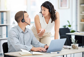 Poster - Business people, call center and laptop with help desk, advice and tech support in office. Mentor, coaching and employees with computer, telemarketing and explain system with customer service and crm