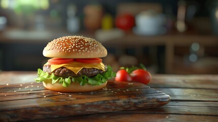 Wall Mural - Cheeseburger with tomato and lettuce on wooden plank