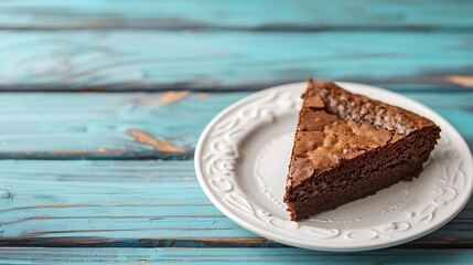 Wall Mural - Chocolate brownie cake on a white plate on a turquoise wooden background