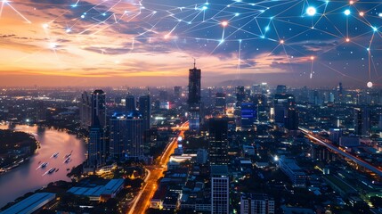 Smart network and Connection technology concept with Bangkok city. 
