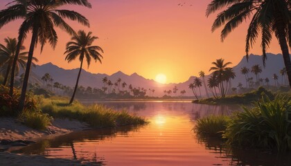 Canvas Print - Tropical Sunset Over Mountains and Lagoon.