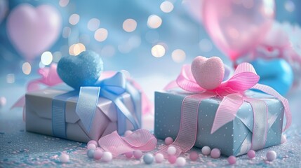 Poster - Valentine s Day gifts in pink and blue with bows ribbons and balloons