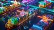 © MAGNIFIER - Interconnected container ships with digital holograms, cyberpunk, vibrant neon, detailed 3D art, modern maritime network