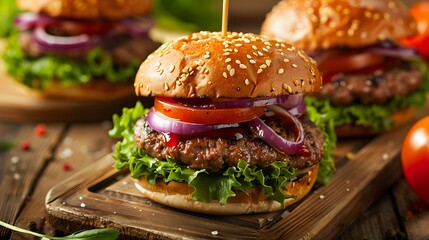 Wall Mural - Close up of home made burgers on wooden table