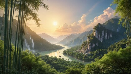 Wall Mural - tranquil river valley at sunset with bamboo forest.