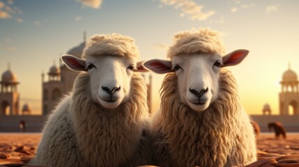 Wall Mural - 3D Render of Two Happy Sheeps Celebrating Eid Al-Adha 