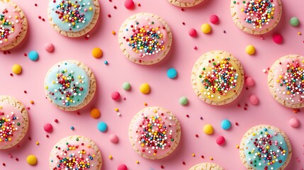 Wall Mural - Colored sweet cookies on a pink background